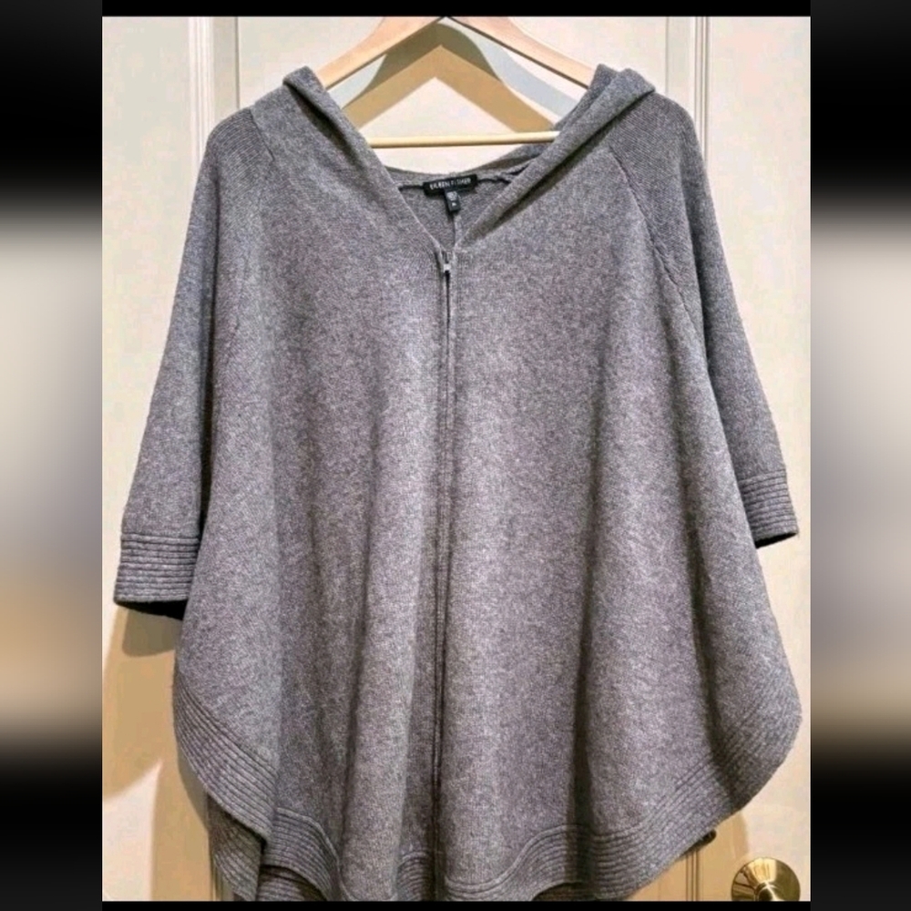 Eileen Fisher Gray Italian Yarn Yak Wool Blend Women's  Full Zip Hooded Poncho